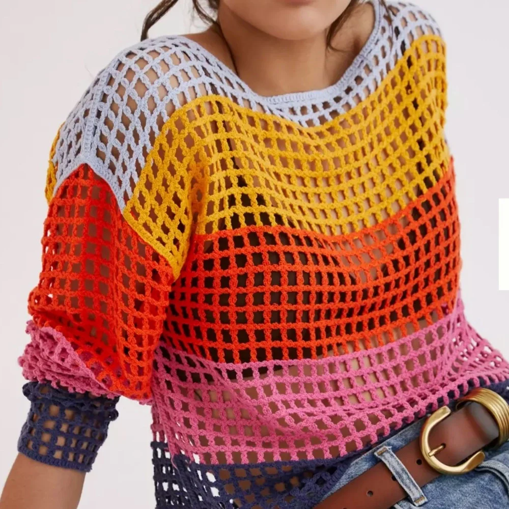 Anthropologie Maeve Yellow and Blue Crochet Top